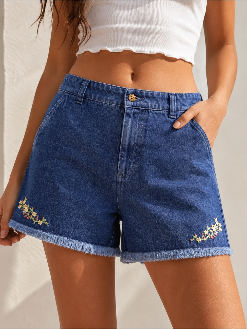 Vintage Floral Embroidered Denim Shorts Frayed Hem High Rise Cottagecore 12